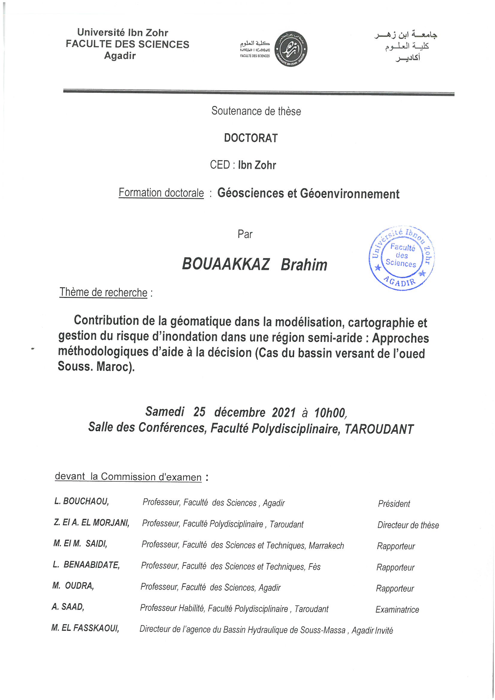 soutenance de thèse de doctorat de Mr Brahim Bouaakkaz