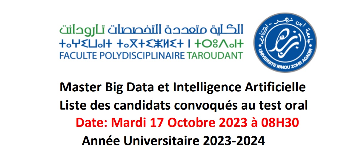 Master Master Big Data et Intelligence Artificielle -Liste des candidats convoqués au test oral