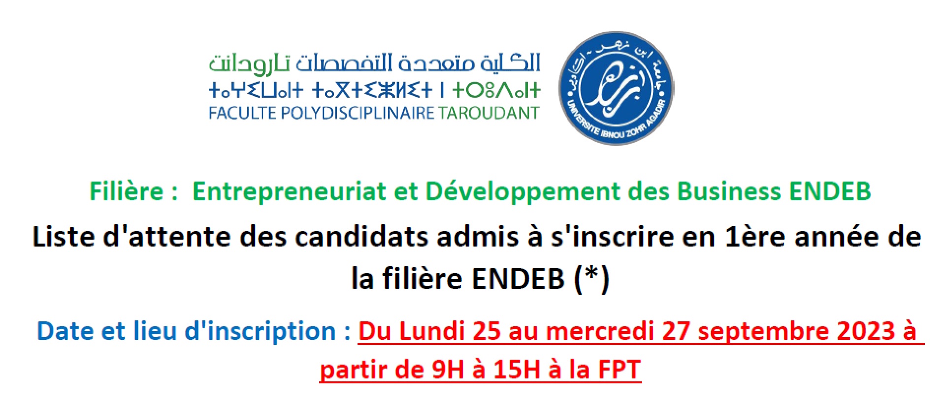 Liste d attente des candidats admis à s inscrire en 1ère année de la filière ENDEB