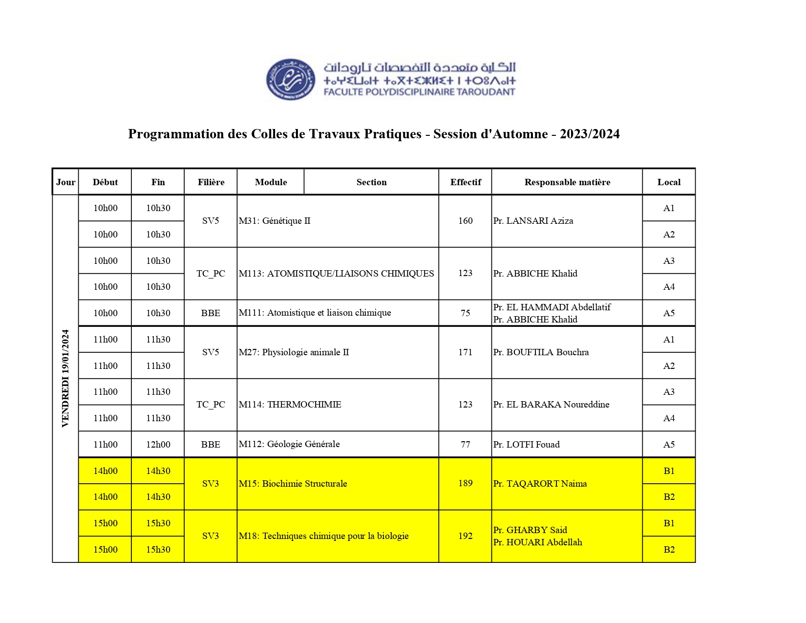 Calendrier examen TP