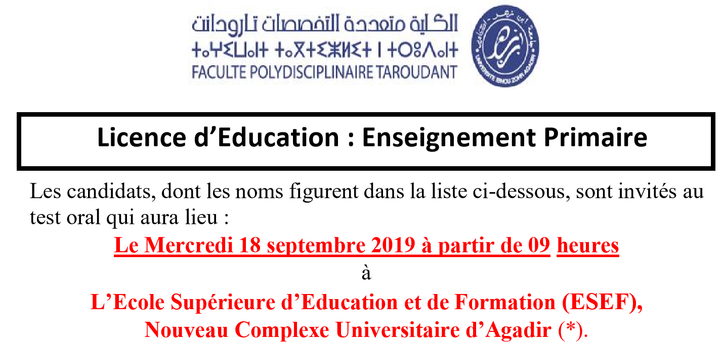 Licence d Education - Enseignement Primaire - Convocation au test Oral