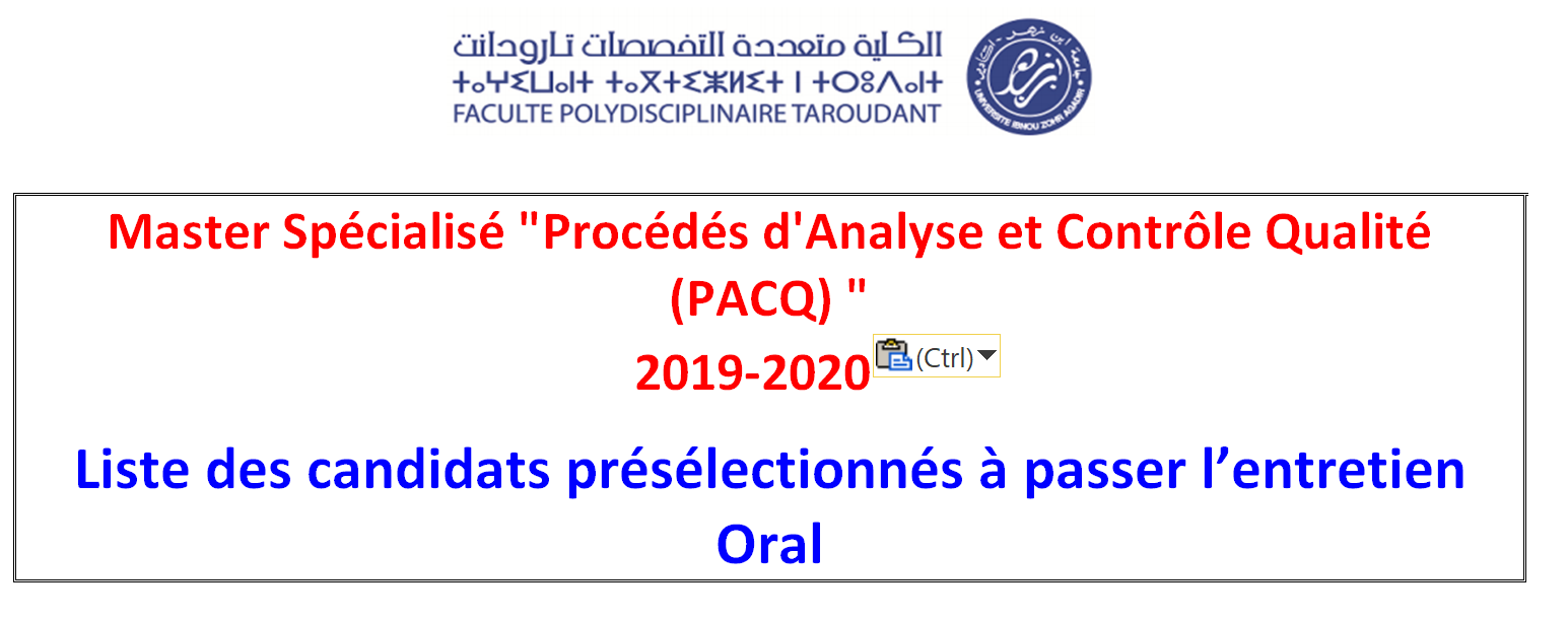 Master PACQ- Liste des candidats présélectionnés à passer l entretien Oral