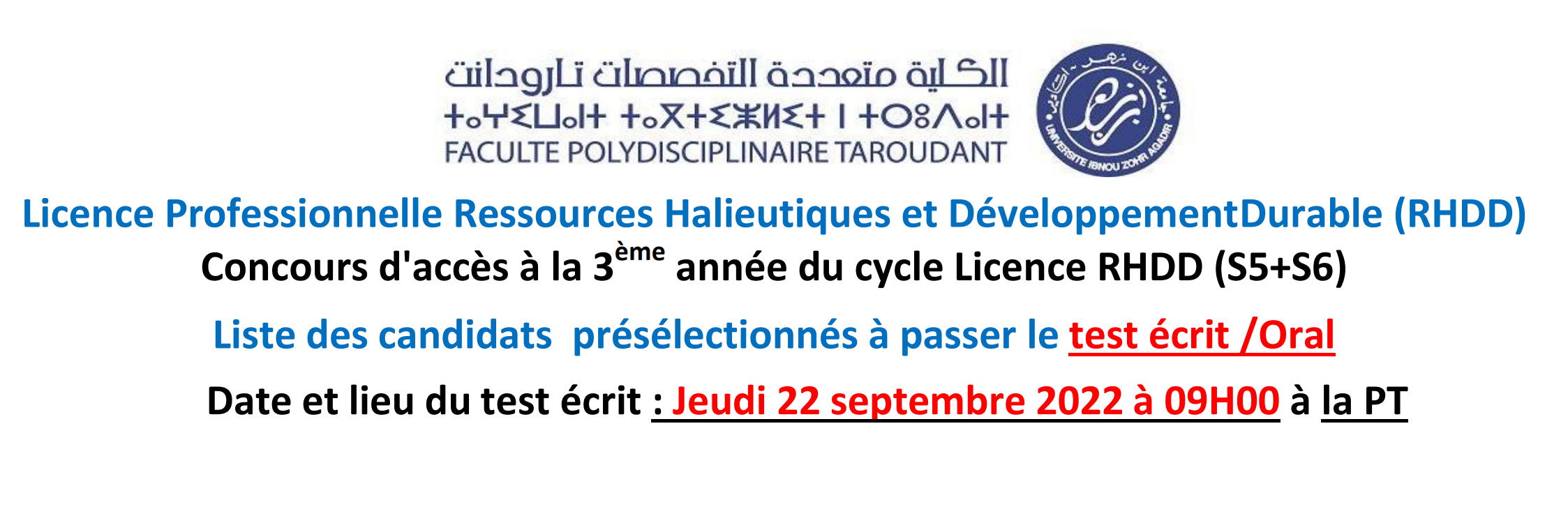 LP Ressources Halieutiques et Développement Durable Liste des candidats présélectionnés