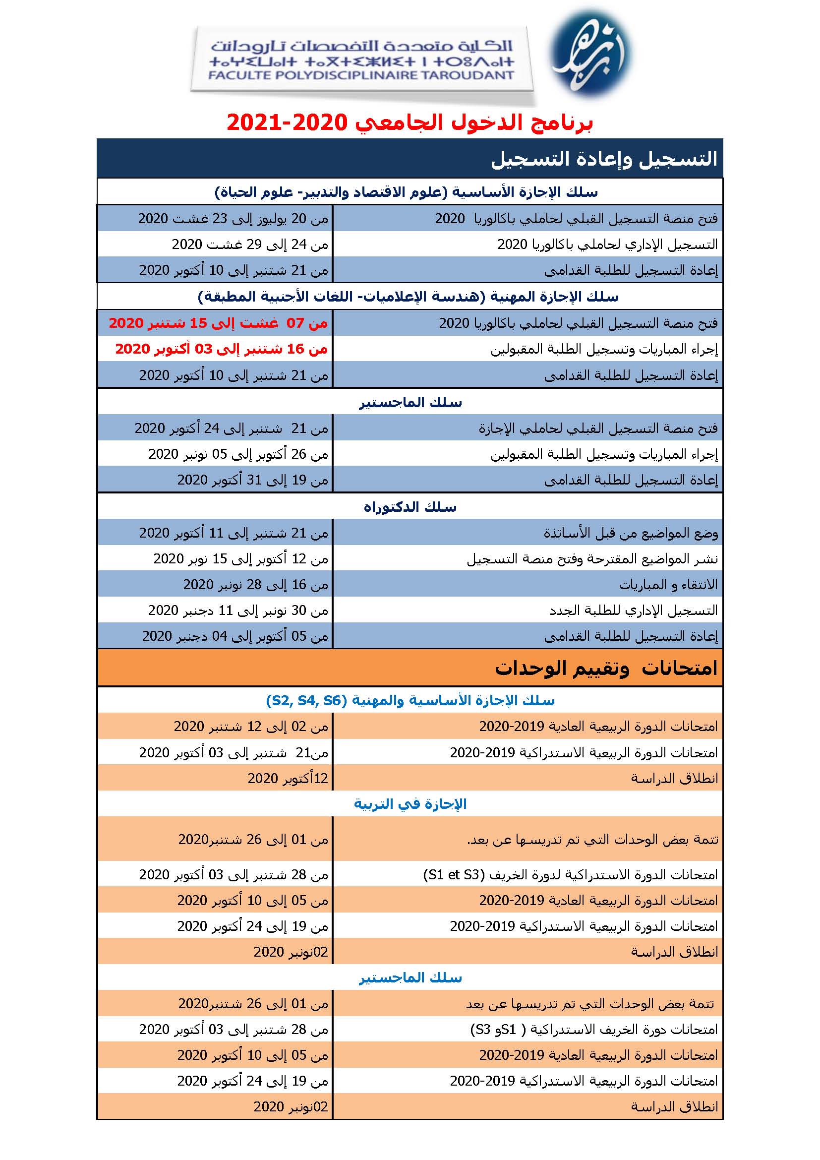 برنامج الدخول الجامعي 2020 - 2021