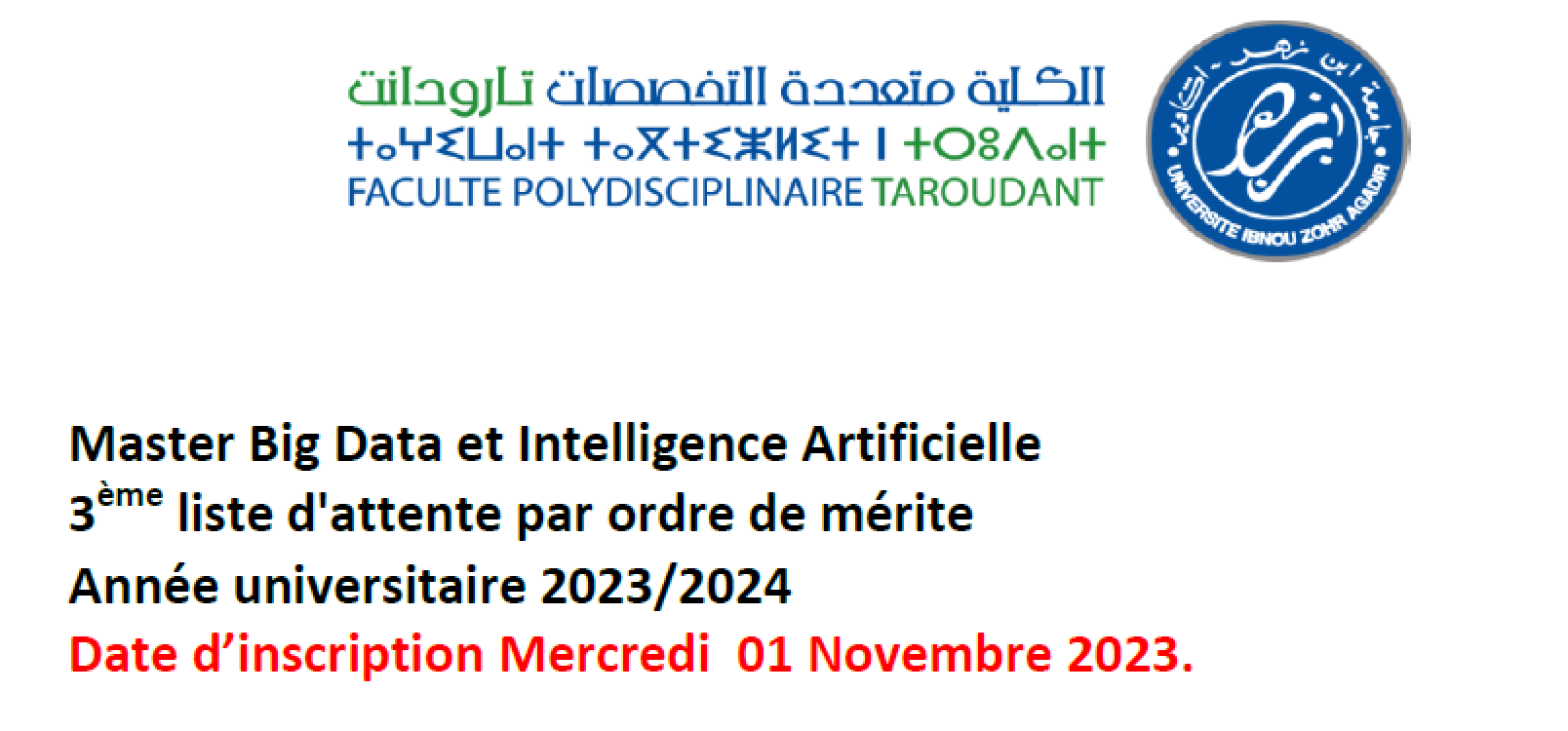 Liste  3 des admis de la liste d attente - Master  Big Data et Intelligence Artificielle