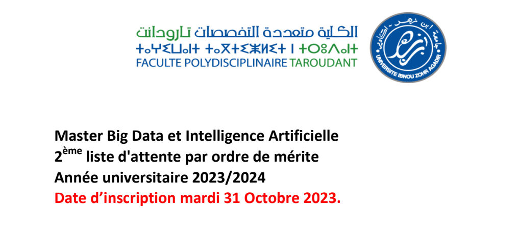 Liste  2 des admis de la liste d attente - Master  Big Data et Intelligence Artificielle