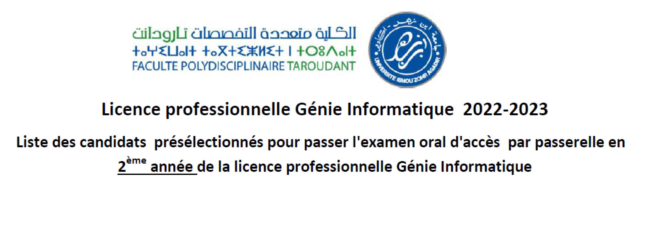 LP Génie Informatique liste des candidats  présélectionnés en 2ème année