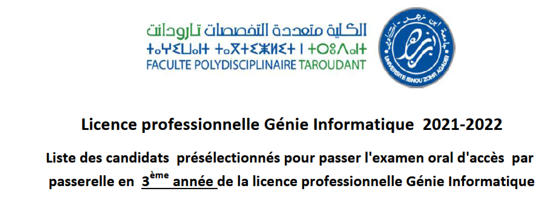 Liste des candidats  présélectionnés  en 3ème année de la licence professionnelle Génie Informatique