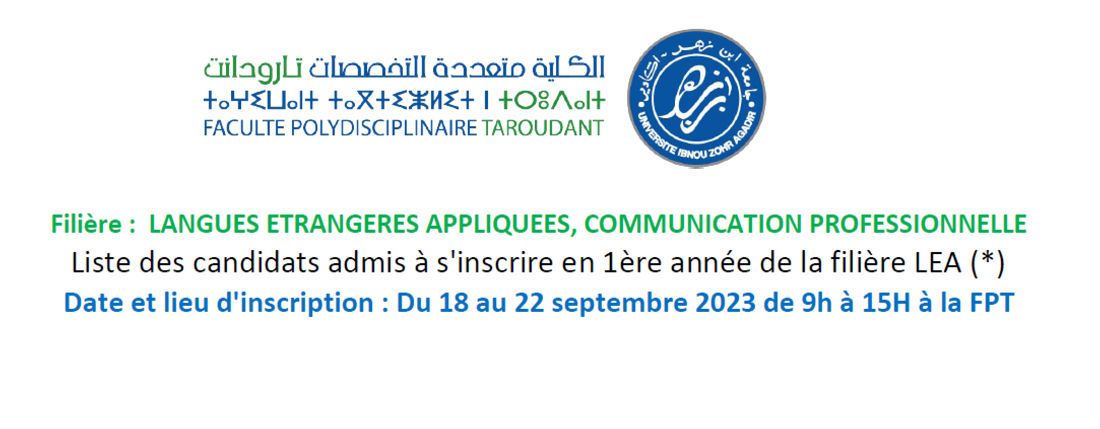 Liste des admis en filière LEA année universitaire 2023-2024