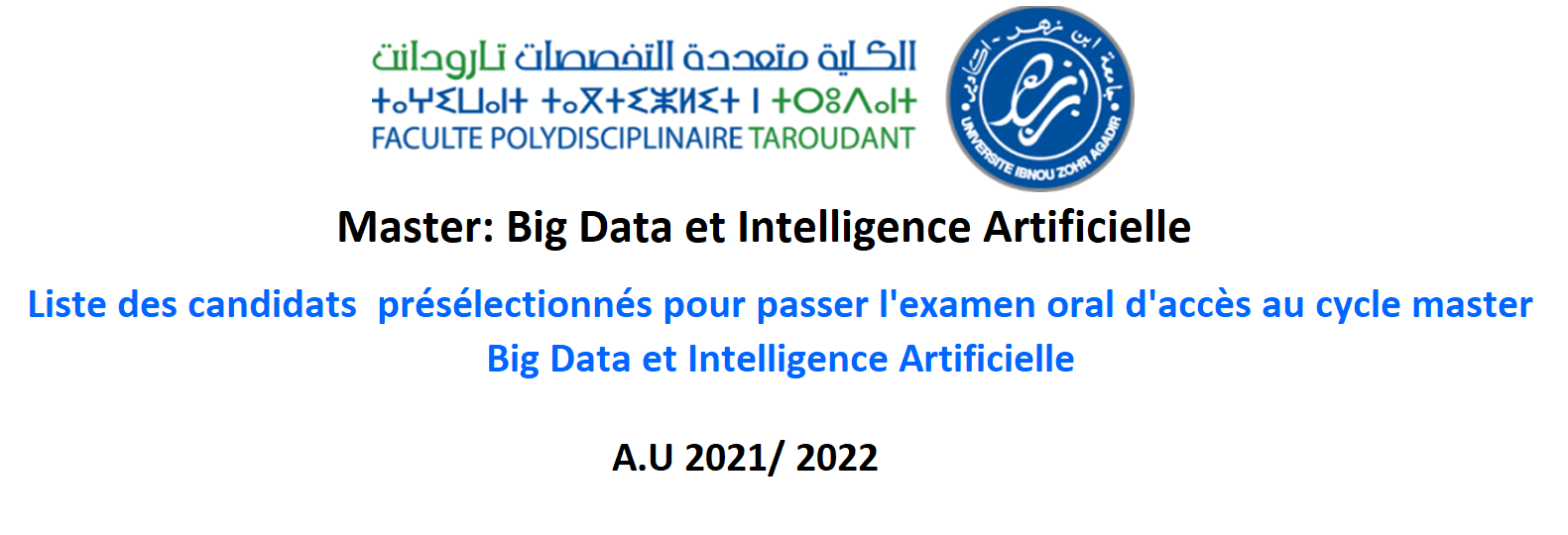 Liste des candidats  présélectionnés pour passer l examen oral - Master  Big Data et Intelligence Ar