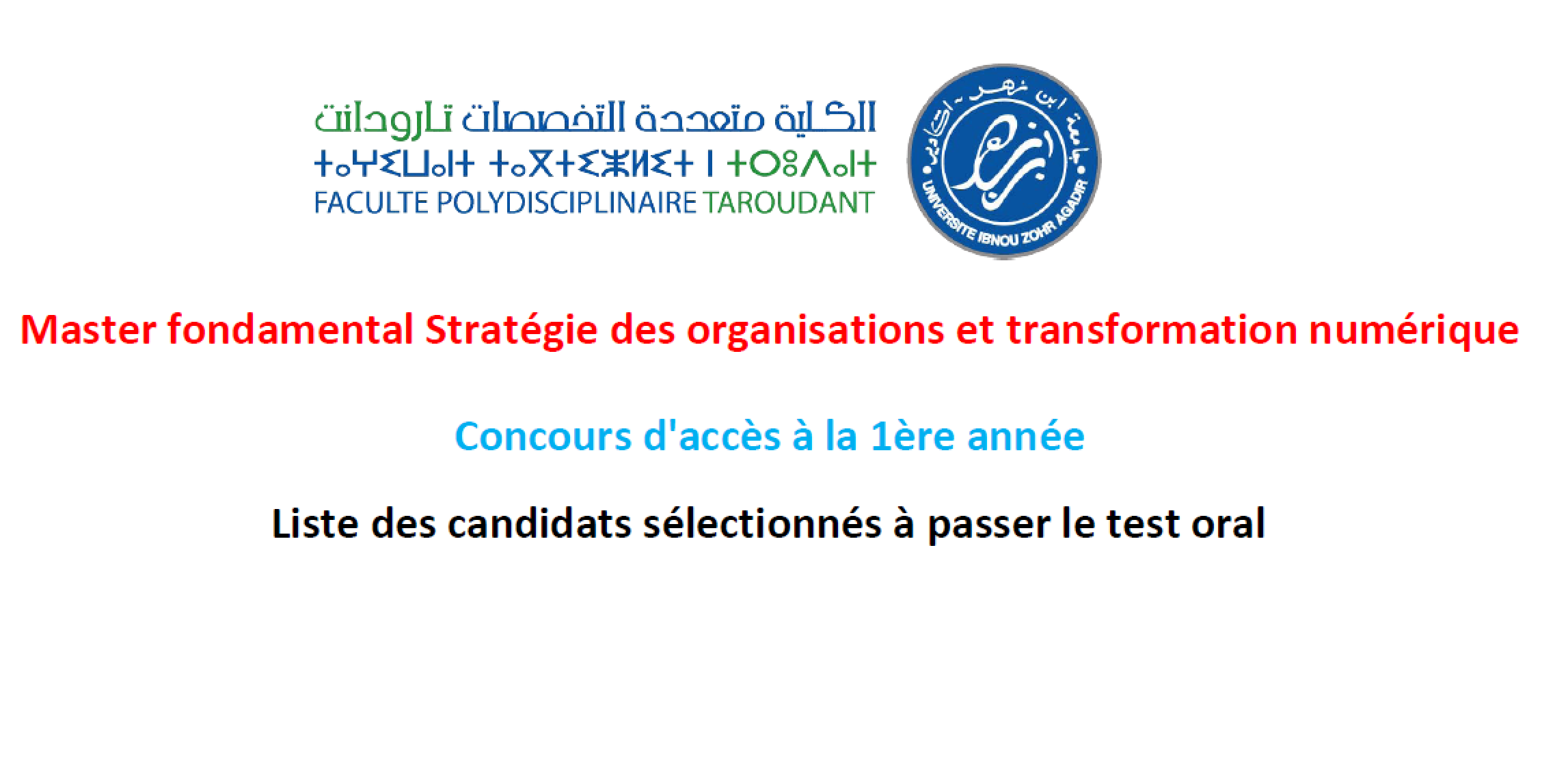 Master SOTRAN - Liste des candidats sélectionnés à passer le test oral