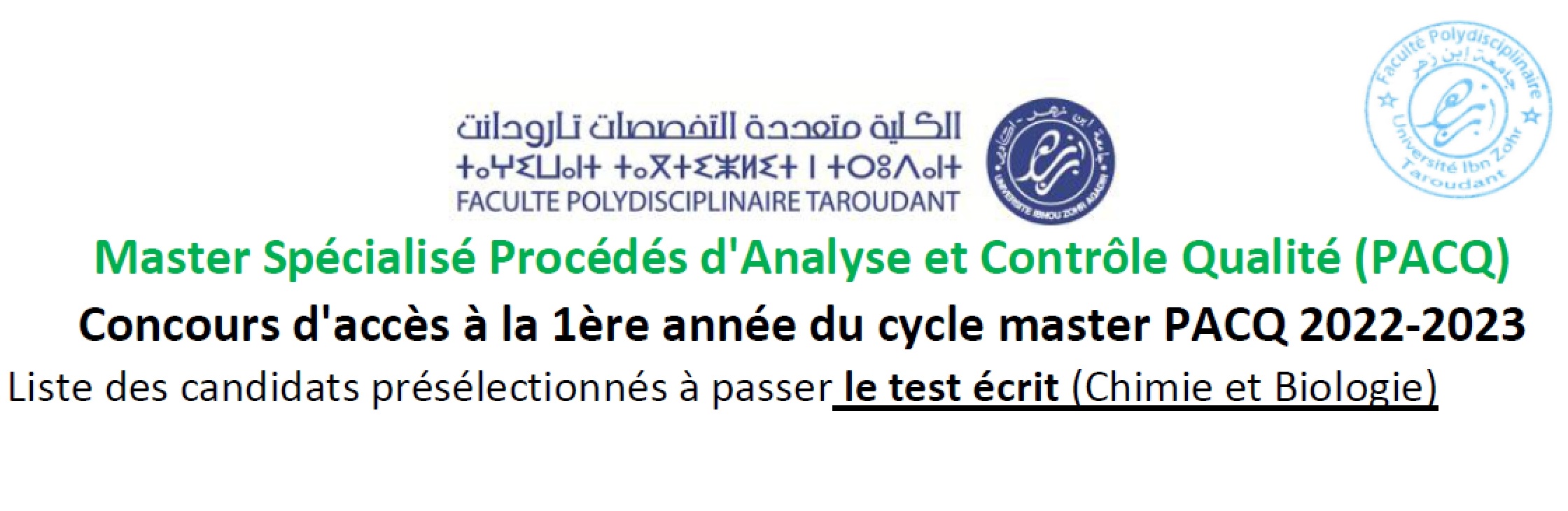 Master PACQ - Liste des candidats présélectionnés à l éxamen écrit