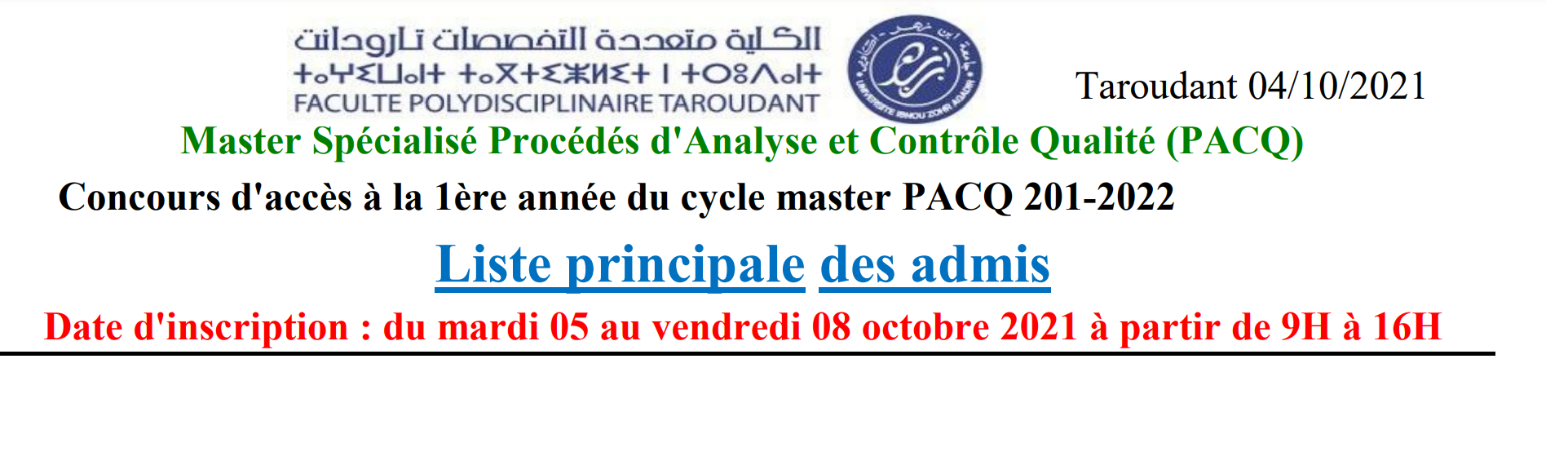 Liste principale des admis au concours d accès au master PACQ 2021-2022