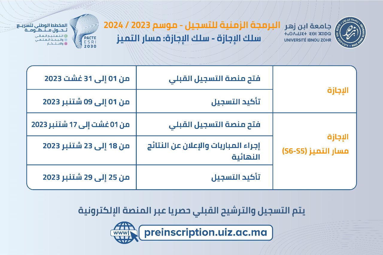 البرمجة الزمنية للتسجيل - الموسم الجامعي 2024/2023 سلك الإجازة - سلك الإجازة: مسار التميز