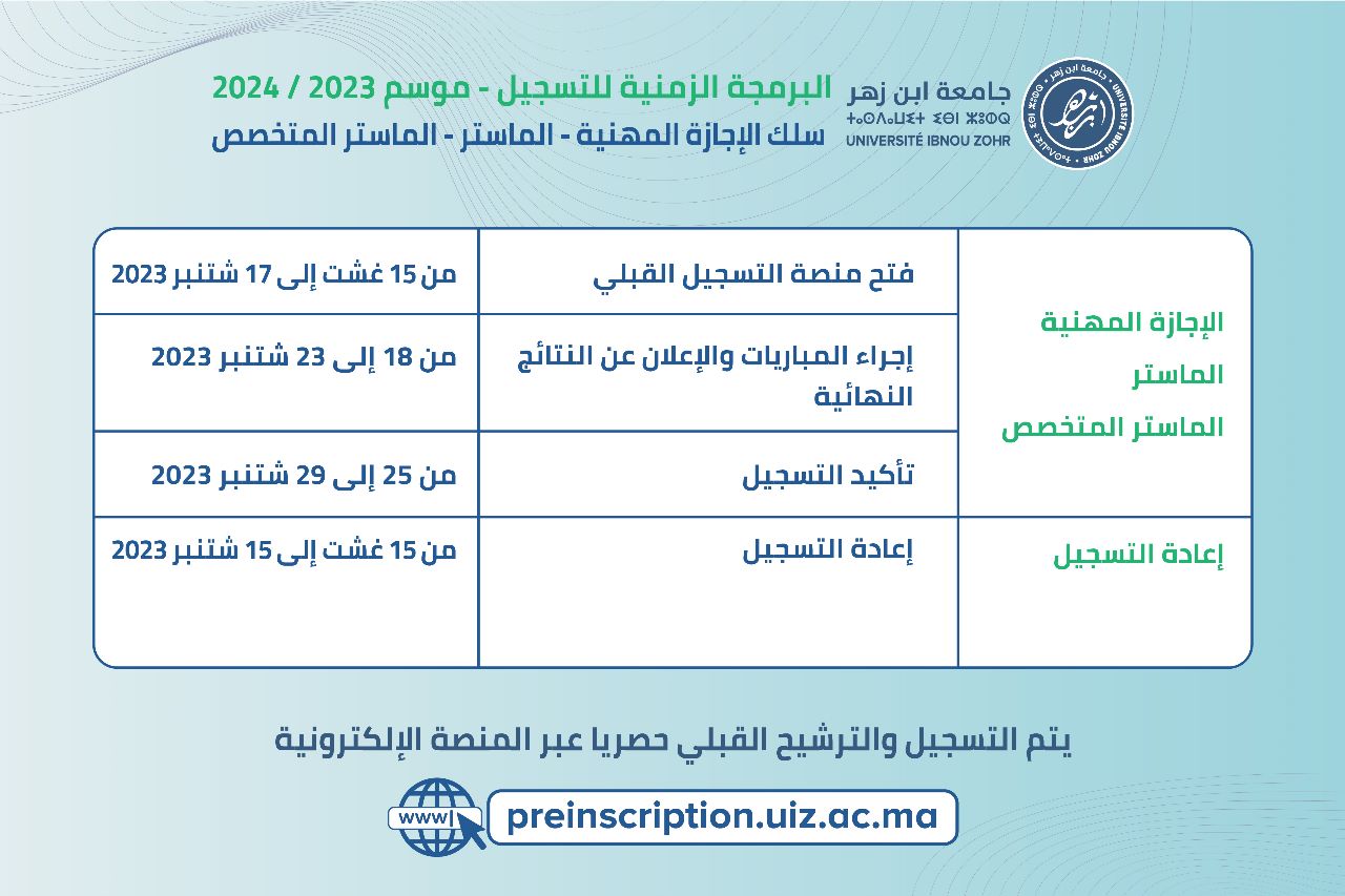 البرمجة الزمنية للتسجيل - الموسم الجامعي 2024/2023 سلك الإجازة المهنية - الماستر - الماستر المتخصص