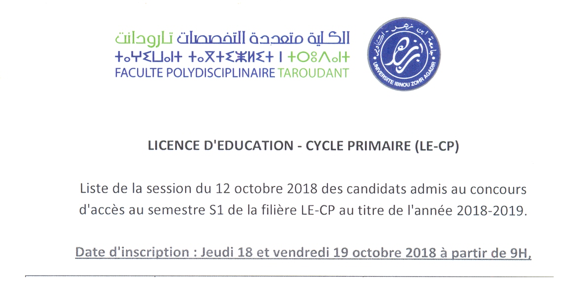 Liste des admis en Licence d Education - Cycle primaire