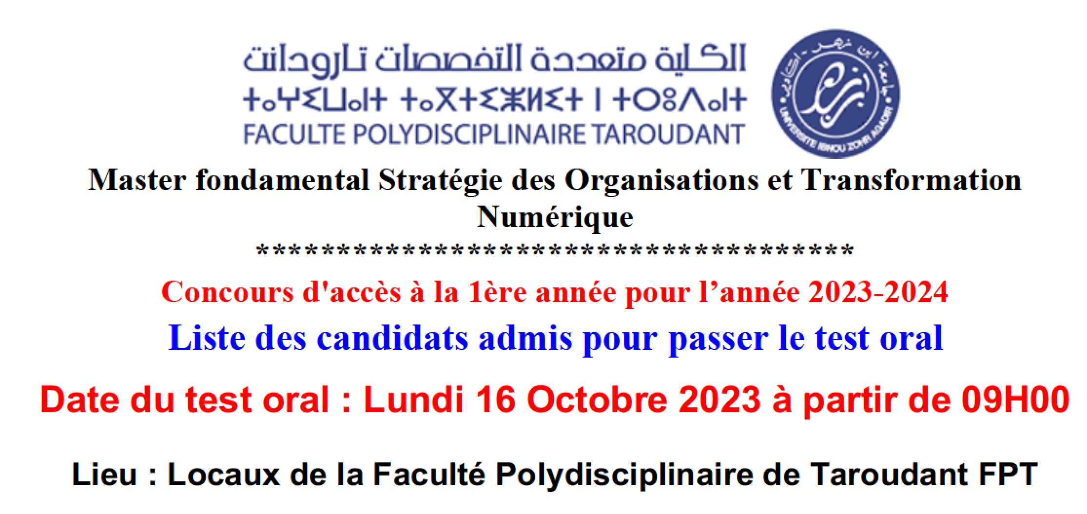 Master SOTRAN 2023-2024 -Liste des candidats admis pour passer le test oral